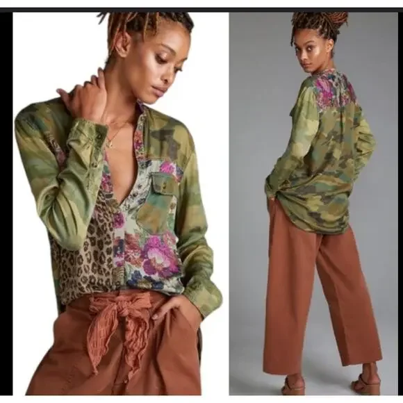 Pilcro Camo Animal Print Mixed Print Button Down. Small - Picture 2 of 3